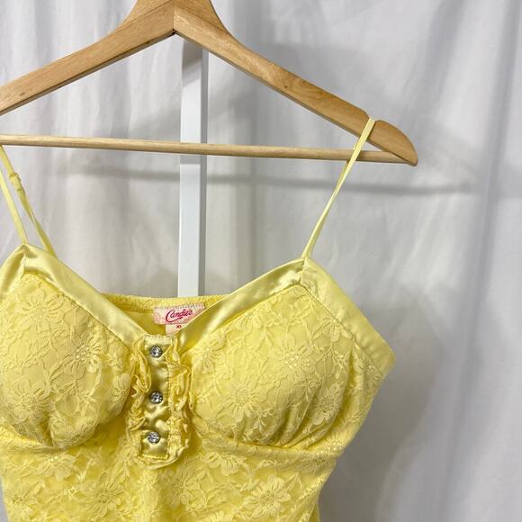 Candies Y2K Babydoll Top XL Yellow Lace Rhinestone Floral - Picture 6 of 12